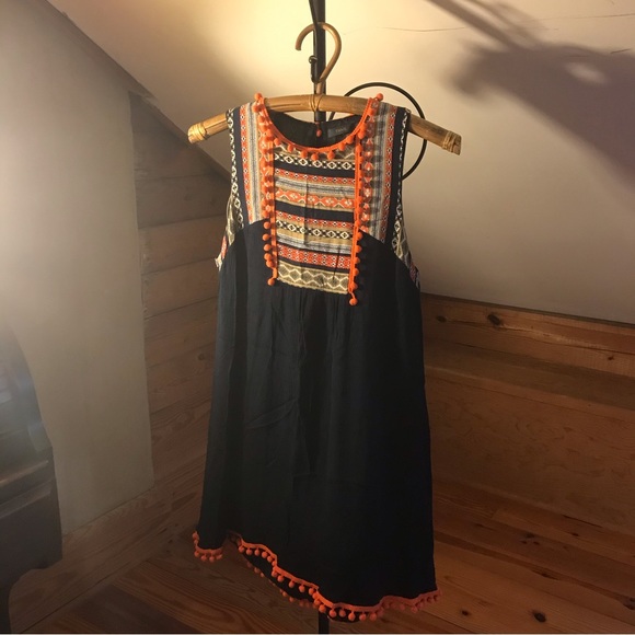 THML Navy Orange Striped Pom-Pom Shift Dress, EUC, M